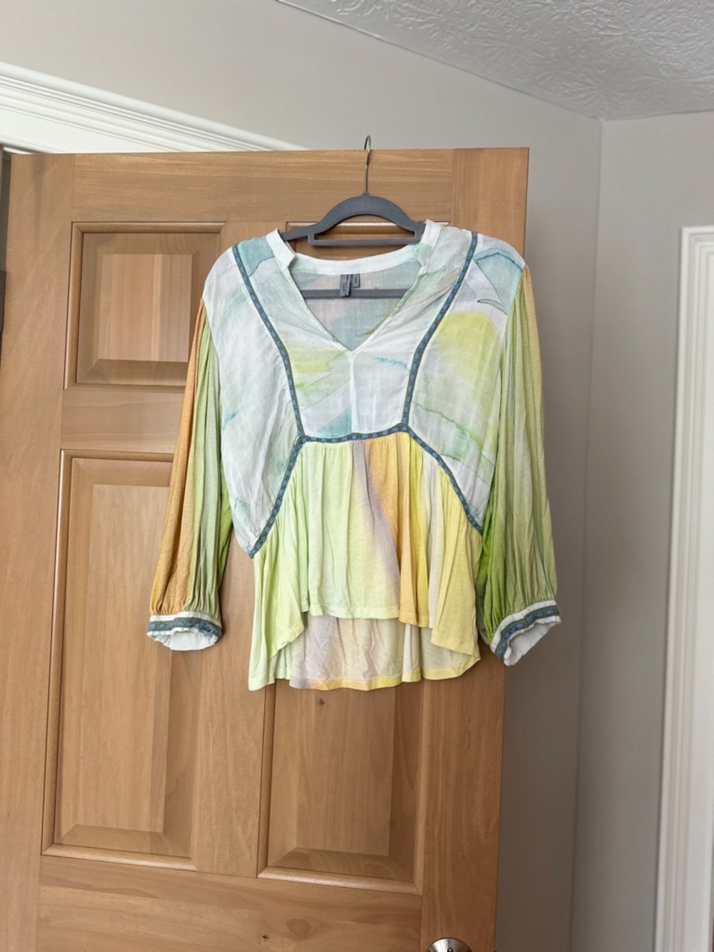 Blank London Pastel Tie-Dye Peasant Tunic Top in Green and Yellow
